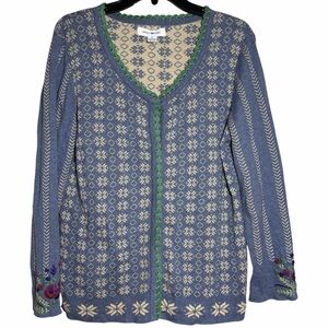 April Cornell Cotton Nordic Pattern Embroidered Floral Sleeve Scallop Cardigan S
